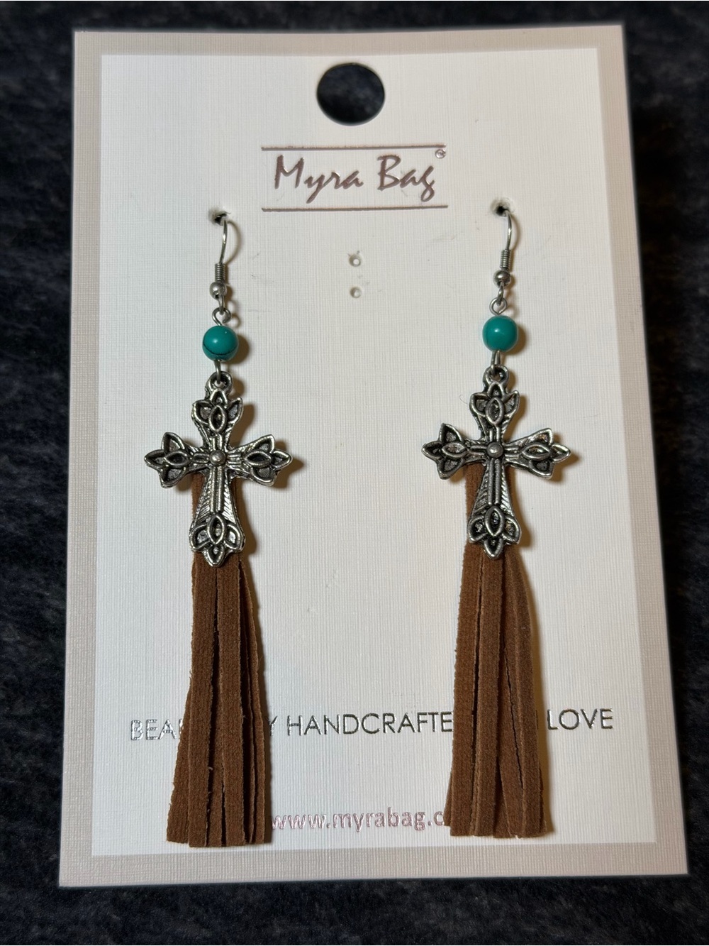 Myra Bag Fickle Cross Tassel Dangle Earrings Turquoise Brown NWT Boho Western